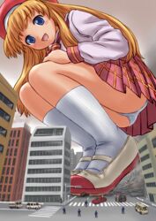 blonde_hair city crush destruction giant giantess hat manzi miniboy panties pantyshot rpg school_uniform shrink_academy shrink_high size_difference syukusyou_gakuen underwear