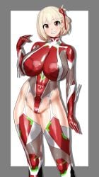 alternate_breast_size_(larger) alternate_costume asymmetrical_hair blonde_hair blush bodystocking bodysuit breasts covered_navel covered_nipples drop_shadow feet_out_of_frame female fishnet_bodystocking fishnets garter_straps gloves grey_background grin hair_ribbon highres idohori_people large_breasts looking_at_viewer lycoris_recoil multicolored_bodysuit nishikigi_chisato one_side_up red_bodysuit red_eyes red_gloves red_ribbon ribbon shadow short_hair simple_background skin_tight smile solo standing taimanin_(series) taimanin_suit white_background white_garter_straps