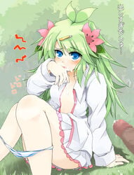 blue_eyes censored cum green_hair nintendo panties panties_down panty_pull penis personification pokémon_(species) pokemon pokemon_(species) rakkogawa_rinro shaymin shaymin_(land_form) translation_request underwear