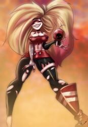 1girls 2020 bomb boots breasts cherri_bomb choker clothing demon demon_girl exposed_breasts fingerless_gloves hazbin_hotel kerodash long_hair looking_at_viewer nipple_piercing nipples orange_hair red_eyes red_nipples ripped_clothing sharp_teeth smile solo stockings vivienne_medrano white_skin