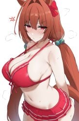 absurdres animal_ears bikini bikini_skirt blush breasts brown_hair brown_tail cleavage closed_mouth commentary daiwa_scarlet_(mini_vacation)_(umamusume) daiwa_scarlet_(umamusume) female female_only frilled_bikini frills front-tie_bikini_top front-tie_top hair_between_eyes hair_bobbles hair_intakes hair_ornament highres horse_ears horse_girl horse_tail large_breasts long_hair looking_at_viewer low_twintails namikare navel official_alternate_costume official_alternate_hairstyle red_bikini red_eyes simple_background solo swimsuit tail twintails umamusume v-shaped_eyebrows very_long_hair wet white_background