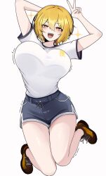 breasts clothing don_quixote_(limbus_company) female female_focus female_only fully_clothed hand_behind_head jumping large_breasts limbus_company looking_at_viewer m_ayonessa open_mouth peace_sign project_moon rocinante shirt shoes shoes_on short_hair shorts sinner sole_female thighs tremble_spikes yellow_eyes yellow_hair