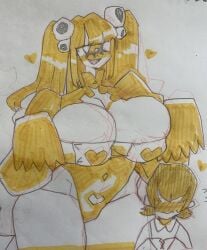 1girls blushing child_bearing_hips cleavage female female_focus heart_symbol huge_breasts sarikyou textless thick_thighs wide_hips