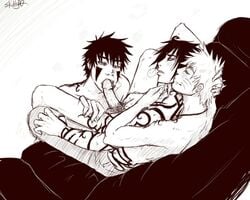 3boys boner couch erection fellatio group_sex human inuzuka_kiba legs_held_open male male_only monochrome multiple_males naruto nude oral penis pubic_hair sasuke_uchiha sex sitting skully_(artist) tattoo threesome uncensored uzumaki_naruto yaoi