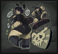 1girls 2025 :/ ass belly_button big_ass big_breasts black_bunny_ears black_hair black_shirt black_shoes black_shorts black_sleeves black_socks blocky_body bracelet breasts bunny_ears bunny_ears_(cosmetic) cap clothed clothed_female clothing commission female female_only freckles freckles_on_ass freckles_on_breasts freckles_on_face fully_clothed fully_clothed_female hair_over_one_eye hat heart hearts_around_body hearts_around_head krnqle long_socks looking_at_viewer looking_to_the_side midriff motion_lines off_shoulder original_character outline purple_hair purple_highlights roblox roblox_avatar robloxian sfw shirt shoes short_hair short_sleeves shorts sideboob simple_background skateboard skateboarding sleeves socks solo speech_bubble spoken_skull standing stomach thick_thighs thighs two-tone_hair yellow_skin