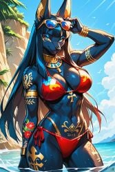 1woman abs ai_generated anthro anthro_only anthrofied anthropomorphic anthropomorphic_animal anubian_jackal anubis aqua_eyes aqua_eyes_female arm_tattoos beach big_breasts bikini bikini_bottom bikini_top black_body black_fur black_hair black_hair_female blue_eyes blue_eyes_female blue_eyeshadow blue_hour blue_sky breasts busty busty_female chest_tattoo crotch_tattoo egyptian_jewelry egyptian_makeup egyptian_mythology egyptian_necklace eyeshadow female female_anthro female_focus female_only furry furry_female furry_jackal furry_only goddess gold_jewelry gold_makeup gold_wrist_cuffs hips in_water jackal jackal_ears jackal_girl jackal_humanoid large_breasts long_hair long_hair_female navel necklace outdoors outside red_bikini red_bikini_bottom red_bikini_top sexy_body sexy_boobs sexy_pose smile snout solo solo_female solo_focus summer sunglasses sunglasses_on_head sunny sunny_day sunny_daylight swimsuit tattooed_arms tattooed_chest tattooed_crotch tattooed_thighs tattoos thigh_tattoos thighs thighs_waist waist wet wet_body wet_boobs