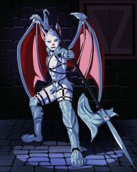 4:5 abs absurd_res anthro armor balls bat chastity_cage chastity_device collar fur genitals greaves halberd harness hi_res holding_object holding_weapon male mammal melee_weapon membrane_(anatomy) membranous_wings mostly_nude muscular muscular_anthro muscular_male nipples open_mouth polearm red_eyes silver_(metal) silver_armor snowflake solo standing story_at_source weapon white_body white_fur wing_armor wings yuka_koshka