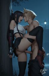 1boy 1girls ai_generated animated ass black_hair bouncing_breasts breasts cloud_strife eidedodidei female final_fantasy_vii fingerless_gloves leaning_against_tree long_hair night no_sound outdoor_sex outdoors penis penis_in_pussy self_upload sex shorter_than_30_seconds skirt spiked_hair straight tagme testicles tifa_lockhart vagina vaginal_penetration vaginal_sex video