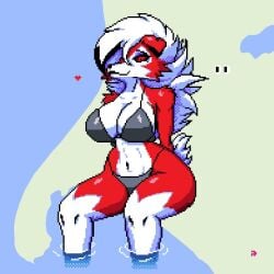 bikini canid canine canine_humanoid crewmate_(among_us) furry lycanroc_midnight midnight_lycanroc pixel_art pokemon pokemon_(species) solo_female water wolf wolf_girl wplace wplace_(artwork)