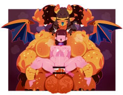 1futa 1futa1girl 1girl1futa 1girls alternate_version_available areolae censored collar female female_focus futa_on_female futanari huge_areolae huge_breasts lovemon_encyclopedia_(akan_mori) naked nipples sarikyou stomach_bulge textless vaginal_penetration yellow_skin