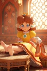 ai_generated barefoot blue_eyes blurry_background blush breasts brooch brown_hair carpet closed_mouth clothing crossed_ankles crossed_legs crown dress earrings energetic eyelashes feet female flipped_hair flower_earrings frilled_gloves frills full_body gloves headwear heels high_heels holding holding_shoes indoors jewelry lips long_dress looking_at_viewer mario_(series) medium_hair nintenart3d nintendo orange_dress orange_footwear orange_heels orange_high_heels parted_bangs princess princess_daisy puffy_short_sleeves puffy_sleeves red_footwear rug sassy shoes short_sleeves sitting smile soles solo table toes tomboy unworn_shoes white_gloves window yellow_dress