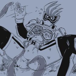 1boy 2017 arm_up armor armored_male belt blush blush_lines bodysuit bodysuit_bulge bulge controller emu_hojo erect_penis erection erection_under_bodysuit fluids game_controller gamer hand_up helmet helmet_hair hulhorse kamen_rider kamen_rider_ex-aid kamen_rider_ex-aid_(series) legs_apart legs_spread lying lying_on_back male male_focus male_only mask masked masked_male masked_only no_visible_face old_art on_back sketch slime slime_(substance) solo sweat sweatdrop sweating tentacle tentacle_on_penis tentacle_slime tentacles_on_male toony_face touching_penis visor wide_eyed
