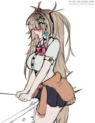1girls bite_mark bite_mark_on_arm bite_mark_on_thigh black_choker black_skirt blush breasts butterfly_earrings choker corner_masturbation cum desk dokidomiki drooling earrings ejaculation female female_ejaculation large_breasts long_hair miki_(dokidomiki) open_mouth original original_character pussy_juice saliva saliva_trail school_uniform shirt short_sleeves skirt sole_female solo solo_female solo_focus sweater sweater_around_waist table table_humping thighs tongue tongue_out twintails twitter twitter_user_oc white_shirt