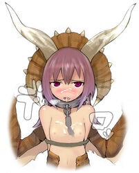 1girls after_sex arms_behind_back bangs blush bondage breasts breath bust chains collar cum cum_in_mouth cum_on_body cum_on_tongue cum_on_upper_body diablos facial female flat_chest hair_between_eyes horns long_hair looking_at_viewer monster_girl monster_hunter multi_arm multi_limb nanashin nipples nude personification pink_eyes purple_hair red_eyes scales short_hair simple_background slit_pupils solo spikes topless translation_request white_background wings