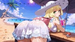 absurdres ass backpack bag beach_umbrella bent_over blonde_hair blue_sailor_collar blue_sky blunt_bangs blush breasts cloud commentary_request cup day drinking_straw drinking_straw_in_mouth female female_only food green_eyes hair_between_eyes hat highres holding holding_cup ice_cream itzah lillie_(pokemon) long_hair looking_at_viewer medium_breasts mountainous_horizon nintendo ocean outdoors palm_reading pixel_art pleated_skirt pokemon pokemon_sm sailor_collar shirt skirt sky solo sun_hat table thighs umbrella watermark white_hat white_shirt white_skirt