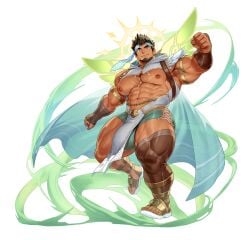 abs accessory alpha_channel bara black_hair blue_headband bottomwear bulge clothing crave_saga crotch_apron gaotee gold_armband green_pants green_​bottomwear green_​clothing hair halo headband hermes_(crave_saga) human kuromine_hiraya male muscular muscular_male navel nipples pants pecs shrug_(clothing) smile white_clothing white_crotch_apron wings yuatari