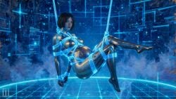 3d ai_assisted blue_background blue_body blue_eyes blue_hair blue_lipstick blue_skin bondage breasts cortana feet female female_only halo_(series) highres hologram nude nude_female patreon pregnant pregnant_belly pregnant_female restrained restrained_arms restrained_legs restraints shibari short_hair tripleize wallpaper watermark