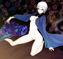 breasts devil_may_cry devil_may_cry_3 edowd eyeshadow female green_eyes hair makeup midriff nipple_slip nipples pubic_hair robe rule_63 short_hair silver_hair sitting solo vergil