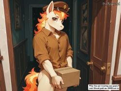 ai_assisted ai_generated ai_generated_art bottomless doorway fire_hair fire_tail hat horse male male/solo mare package pokemon pokemon_adult pony ponyta shyunchained solo_male uniform