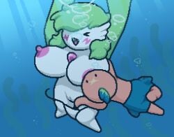 1boy 1boy1girl 1girl 1girls air_bubble air_bubbles big_breasts bikini bikini_bottom blush blushing boobs breasts bubble bubbles female female_focus gardevoir gen_3_pokemon generation_3_pokemon green_hair happy holding_partner honeydew_(okami_tomato) huge_breasts large_breasts nipples plant plant_humanoid pokemon pokemon_(species) pussy red_body red_skin sharpedo sinking stripped stripped_by_other sucking_nipples swimming swimming_trunks swimsuit taller_female tomato tomato_(okami_tomato) topless underwater water white_bikini white_body white_skin xd zxtomatofan