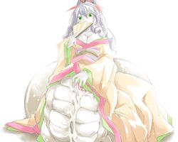 breasts cleavage clothing copyright_request cum fan frfr green_eyes grey_hair inside japanese_clothes lamia monster_girl naga nure-onna pixiv_manga_sample pussy pussy_juice scales snake tail unbirthing vore white_hair youkai