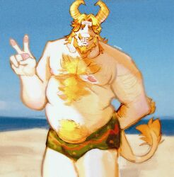 1boy anthro anthro_only asgore_dreemurr bara beach beard blonde_hair deltarune dilf facial_hair furry furry_only goat goat_horns male male_only solo solo_focus solo_male speedo speedo_only summer swimwear swimwear_only undertale undertale_(series)