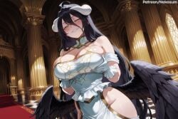 ai ai_art ai_generated albedo_(overlord) artist_name big_breasts black_hair blush blushing_at_viewer blushing_female dress female female_only grabbing grabbing_breasts grabbing_own_breast horns huge_breasts large_breasts long_hair overlord_(maruyama) rexmagi smirk smirking smirking_at_viewer teasing waiting_for_sex watermark white_dress wings yellow_eyes
