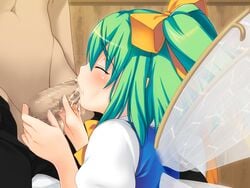 artist_request bui112cr censored closed_eyes cum cum_in_mouth dai-chan_to_issho! daiyousei fellatio game_cg green_hair mosaic_censoring oral penis short_hair side_ponytail solo touhou wings