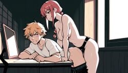 ai_generated chainsaw_man denji_(chainsaw_man) dominant_female exposed_breasts femdom mahamoan makima_(chainsaw_man) pegging strap-on strap-on_sex submissive_male