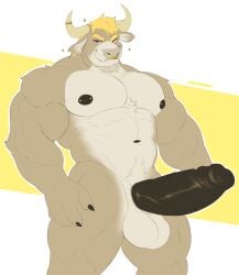 2024 2_horns abs anthro areola artist_logo balls barazoku barbell_piercing biceps black_areola black_nipples black_penis blonde_hair bovid bovine cattle claws facial_hair facial_piercing finger_claws fur genitals goatee gold_piercing gold_ring hair hi_res horn horn_jewelry horn_ring jewelry logo male mammal muscular muscular_anthro muscular_male muscular_thighs navel nipple_barbell nipple_piercing nipples nose_piercing nose_ring nude pattern_background pecs penis piercing ring_(jewelry) ring_piercing septum_piercing septum_ring simple_background solo sparkles standing striped_background stripes tan_body tan_fur tonygonza15 yellow_stripes zato