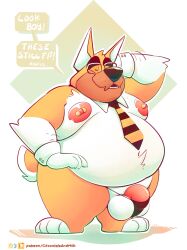 abstract_background anthro barbell_piercing barely_contained barely_contained_penis belly big_belly canid canine canis chocolateandmilk domestic_dog english_text eyes_closed eyewear flaccid front_view genitals glasses hand_behind_head hand_on_hip hi_res male male_anthro mammal moobs nipple_barbell nipple_piercing nipples obese obese_anthro obese_male open_mouth overweight overweight_anthro overweight_male penis piercing pink_nipples pink_penis rectangular_glasses richard_(chocolateandmilk) solo speech_bubble standing text