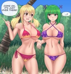 2girls beach big_breasts bikini bikini_bottom blonde-haired_female blonde_hair brandish_mew breasts brown_eyes cleavage cowboy_shot fairy_tail female female_only green-haired_female green_eyes green_hair hi_res large_breasts light-skinned_female light_skin lucy_heartfilia outdoors rocky-ace short_hair speech_bubble standing twintails voluptuous