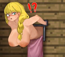 big_breasts blonde_female blonde_hair braid breasts character_request clothing female girl inverted_nipples minecraft restrained skysakura source_request stuck_in_wall through_wall villager