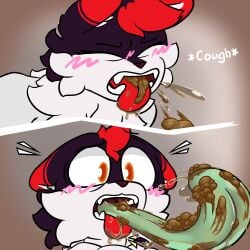 1:1 all_the_way_through anthro bodily_fluids bovid caprine comic cough couples duo duskerburger feces feces_from_mouth feces_in_mouth female female/female fur goat green_tongue hi_res humanoid leaning leaning_forward mammal mephitid novel_(character) orange_eyes out_of_nowhere penetration red_body red_fur saliva scat skunk sparrow_skunker surprised tongue tongue_out vomit vomiting vomiting_feces