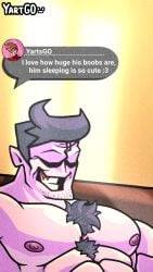 1boy 2024 2d 2d_(artwork) abs artist_name bara body_hair brown_hair chest_hair chest_tuft daddy daddy_dearest demon dilf english_text friday_night_funkin glasses grey_hair hair high_resolution highres human humanoid male male_only mature mature_male muscles muscular muscular_male nipples pecs pink_nipples purple_body purple_skin shirtless shirtless_male sleeping smile smiling solo solo_male stubble teeth text yartgo