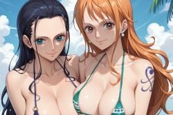 2girls ai_generated bare_shoulders bikini bikini_top black_bikini black_hair blue_eyes blue_sky breasts brown_eyes catburglar_nami cleavage cloud clouds cloudy earrings eyebrows eyelashes female female_only green_bikini hand_on_another's_back hourglass huge_breasts hugging indoors jewelry jpg jpg_file leaf light-skinned_female light_skin long_eyelashes nami_(one_piece) neckline nico_robin one_piece orange_hair palm_tree pink_lips seagulls shonen_jump sideboob straw_hat_pirates tattoo tattoos thin_eyebrows toei toei_animation toei_company underboob very_long_hair water white_earrings white_trim yuri