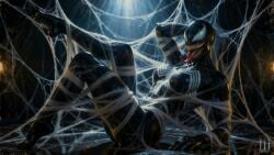 ai_assisted ai_generated black_body black_skin bondage breasts female highres long_tongue marvel marvel_comics patreon raised_leg sexy_pose sharp_teeth she-venom spider-man_(series) symbiote symbiote_suit trapped tripleize venom_(marvel) wallpaper watermark webbed webbing white_eyes