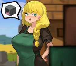 apron big_breasts blonde_female blonde_hair braid breasts character_request clothing female girl green_apron green_eyes minecraft mole mole_under_eye restrained skysakura source_request villager
