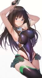 armpits arms_up black_hair black_leotard black_thighhighs blush breasts closed_mouth commentary_request cosplay covered_collarbone covered_navel cowboy_shot female green_skirt gun highres holding holding_above_head holding_gun holding_weapon impossible_clothes impossible_leotard inoue_takina large_breasts leotard long_hair looking_at_viewer lycoris_recoil mizuki_yukikaze mizuki_yukikaze_(cosplay) purple_eyes showgirl_skirt simple_background skirt solo taimanin_(series) taimanin_suit taimanin_yukikaze thighhighs trigger_discipline v-shaped_eyebrows very_long_hair viral1112 weapon white_background