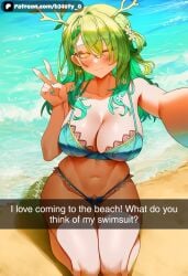b34sty_0 patreon ai_generated watermark ceres_fauna hololive hololive_advent hololive_english vtuber hair eyes green_hair long_hair yellow_eyes golden_eyes horns horn breasts tits boobs large_breasts big_breasts big_tits big_titties large_tits large_titties big_boobs big_boobies large_boobs large_boobies selfie selfie_pose smile :3 blush one_eye_closed one_eye_open v kneeling on_knees looking_at_viewer staring_at_viewer bikini bikini_top bikini_bottom blue_bikini blue_bikini_top blue_bikini_bottom swimsuit blue_swimsuit 1girl 1girls snapchat beach water sand