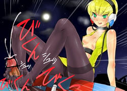 1boy1girl 1girls arm_support bad_id bar_censor black_legwear blonde_hair blush breasts breasts_out censored choker cum cumshot ejaculation elesa_(pokemon) elesa_(pokemon_bw) erokosei feet female footjob footjob_with_legwear green_eyes gym_leader halterneck headphones hilbert_(pokemon) human human_only legs licking_lips male moon night nintendo nipples panties pantyhose penis pokemon pokemon_bw pussy_juice short_blonde_hair short_hair sitting sky star straight sweat toes tongue