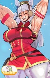 1girls animal_ears armpits arms_up bangs big_breasts blush embo female_focus female_only fully_clothed gold_ship_(umamusume) horse_girl long_hair muscular_legs one_eye_closed solo_female sweat sweatdrop sweaty thick_thighs thunder_thighs tight_clothing toned toned_female umamusume umamusume_pretty_derby wide_hips wink
