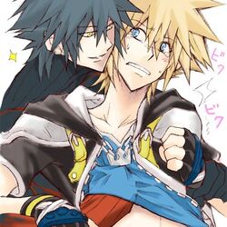 2boys black_hair blonde_hair blue_eyes color disney dual_persona fingerless_gloves gay gloves gold_eyes hood human imminent_rape jewelry kingdom_hearts lowres male male_only multiple_boys necklace shirt_lift sora_(kingdom_hearts) square_enix sweat unversed vanitas yaoi yellow_eyes