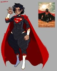 absolute_dc absolute_superman big_ass big_thighs black_hair cape colored costume curly_hair curvaceous curvaceous_figure curves curvy curvy_body curvy_figure curvy_hips curvy_male eyes fat_ass fat_butt femboy femboy_focus femboy_only hand_up male male_focus male_only red_eyes reference_image shaded solo solo_focus solo_male superhero superhero_costume superman superman_(clark_kent) superman_(series) tan_skin thick_thighs thighs waving_at_viewer zzzionpride