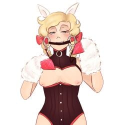 animal_ears animal_farm bit_gag blonde_female blonde_hair bondage boob_window boobs_out bound bound_hands gag gagged gijinka horse_ears horse_girl mollie_(animal_farm) pony_girl ponyplay ribbons solo solo_female white_background