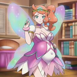 ai_generated bookshelf fairy fairy_costume ginger ginger_female ginger_hair lazybonesai pokemon pokemon_ss pregnancy pregnant pregnant_belly pregnant_female sonia_(pokemon)