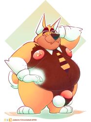 abstract_background anthro barbell_piercing barely_contained barely_contained_penis belly big_belly canid canine canis chocolateandmilk domestic_dog eyes_closed eyewear flaccid front_view genitals glasses hand_behind_head hand_on_hip hi_res male male_anthro mammal moobs mouth_closed nipple_barbell nipple_piercing nipples obese obese_anthro obese_male overweight overweight_anthro overweight_male penis piercing pink_nipples pink_penis rectangular_glasses richard_(chocolateandmilk) solo standing
