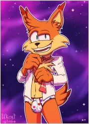 anthro balls_outline bobcat border bubsy_(series) bubsy_bobcat bulge clothed clothing detailed_bulge digital_media_(artwork) felid feline fur genital_outline genitals hi_res looking_at_viewer lynx male mammal necktie open_clothing open_shirt open_topwear penis_outline shirt smile solo standing tail topwear ukent underwear undressing white_border