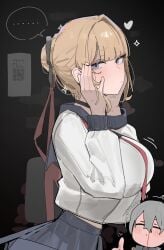 ... 1boy alternate_costume aroused_nosebleed azz0422 big_breasts black_choker blonde_hair blood blue_eyes blue_skirt blush breasts choker commentary evelyn_chevalier female full-face_blush grey_hair hair_up hands_on_own_cheeks hands_on_own_face highres large_breasts looking_at_viewer neckerchief nosebleed red_neckerchief school_uniform serafuku shirt skirt solo_focus sparkle spoken_ellipsis thumbs_up untranslatable_commentary upper_body white_shirt wise_(zenless_zone_zero) zenless_zone_zero
