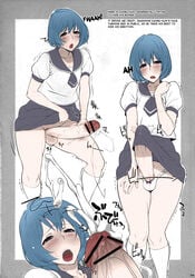 1boy androgynous balls big_penis blue_hair blush bulge censored colored crossdressing cum ejaculation embarrassed erection erection_under_clothes erection_under_skirt foreskin girly huge_cock hung_trap kaoru_konno large_penis long_hair looking_at_viewer male male_only masturbation navel nipples penis public purple_eyes school_uniform short_hair skirt small_but_hung solo standing testicles text thighhighs translated trap uno_makoto veins veiny_penis